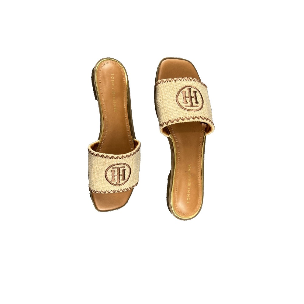 TOMMY HILFIGER women's Pezley sandals TH Round Logo Slides size 10 Burlap/Gold